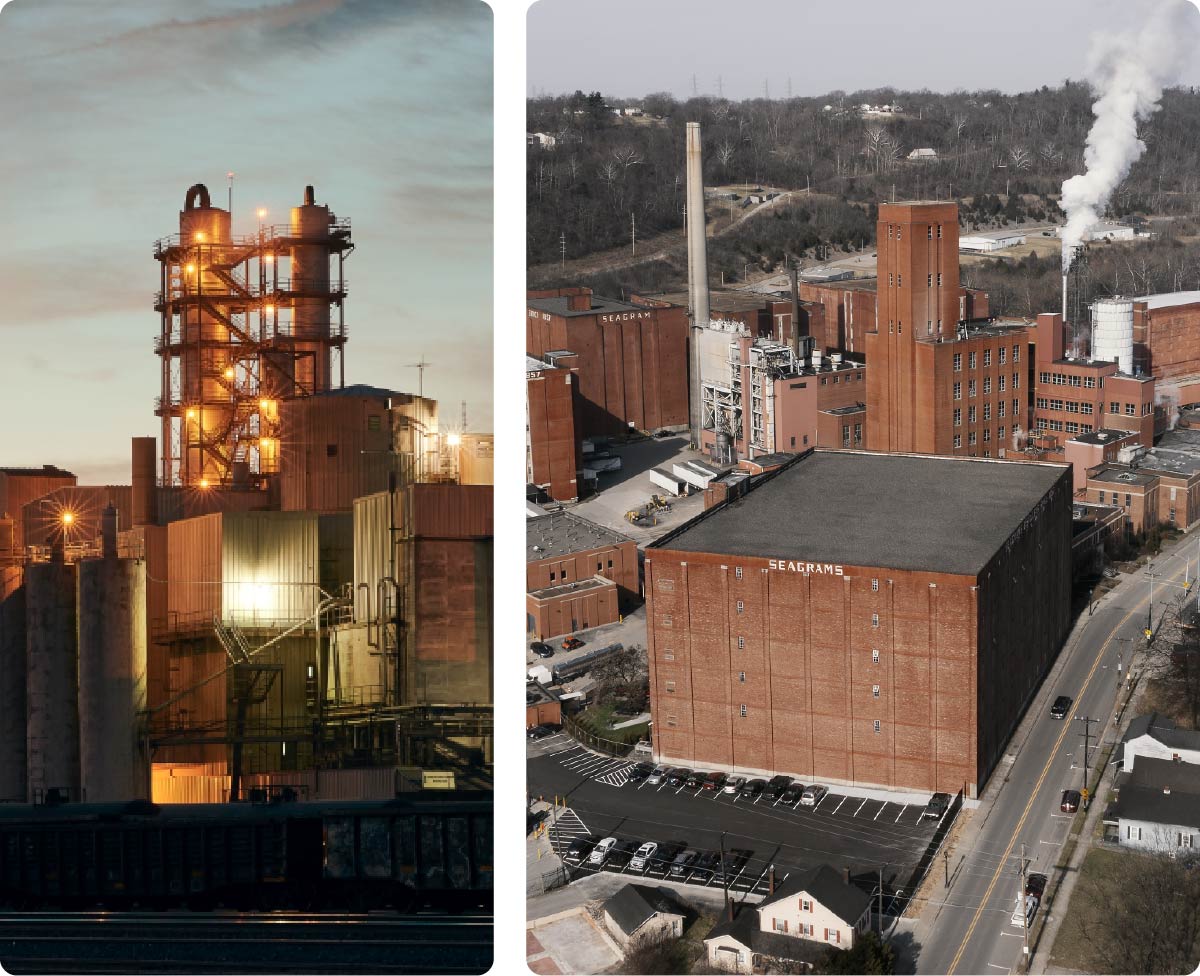 Left image: MGP Atchison, KS facilities at dusk; Right image: the historic MGP facilities in Lawrenceburg, IN